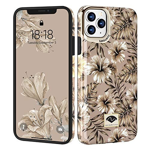 Sansunto for iPhone 11 Pro Max Case Flowers Brown Floral Tropical Leaves Slim Glossy Shockproof Hard PC with Soft TPU Anti-Scratch Protective Cover for iPhone 11 Pro Max 6_5 Inch 2019