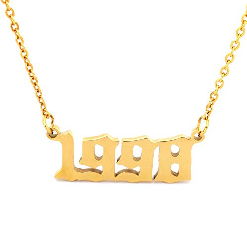 HUTINICE Birth Year Number Necklace Old English Silver Pendant Necklace for Women and Girl Birthday Gift 18 inch Gold Chain Stainless Steel Friendship Jewelry Gold Color 1998