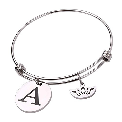 Initial Bracelet Personalized Letter Bracelet Lotus Flower Charm Wire Bangle Bracelet Gift for Her A Initial Bracelet Personalized Letter Bracelet Lotus Flower Charm Wire Bangle Bracelet Gift for Her A