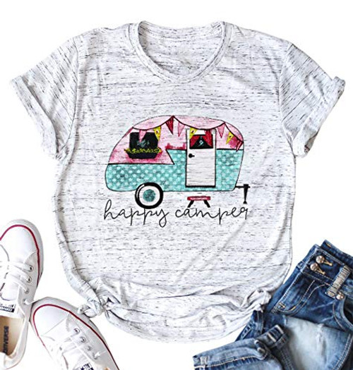 Happy Camper T-Shirt for Women Letter Print Cute Graphic Shirts Short Sleeve Casual Camping Tee Tops White