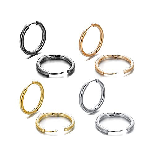 JUNHAN 8PCS 14MM 316L Surgical Stainless Steel Huggie Hoop Earrings Hypoallergenic Earrings Hoop Cartilage Helix Lobes Hinged Sleeper Earrings for Men Women 4 Pairs Gold Silver Black Rose Gold
