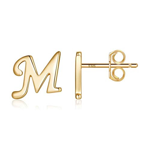 S925 Sterling Silver Stud Earrings for Women Gold Plated Initial Letter M Earrings Stud Hypoallergenic Earrings for Girls Sensitive Ears Minimalist Dainty Gift Jewelry for Women Kids Friends