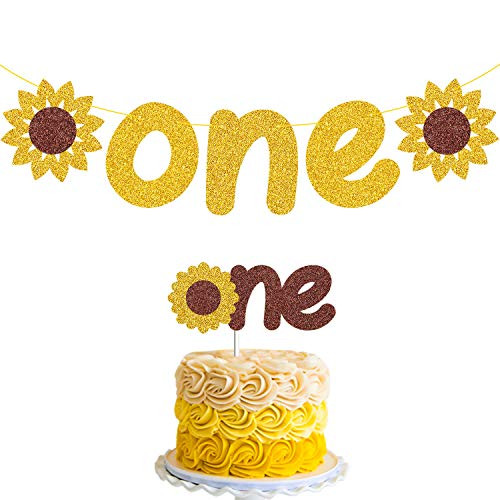 Sunflower One BannerSunflower 1st Birthday Banner and Sunflower One Cake Topper Sunflower Party Decorations Supplies Bunting Sunflower Theme Party Decorations for Baby Shower Kids Birthday Party