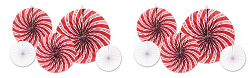 Beistle 20896 Peppermint Accordion Paper Fans 10 Piece, 9" - 16" Red/White