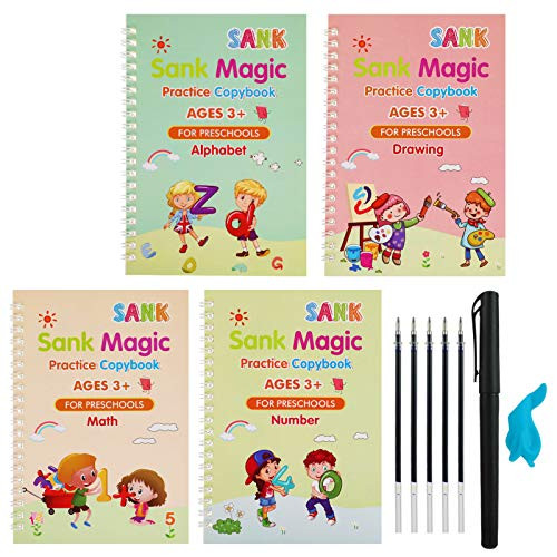 JOELELI 4Pcs English Magic Practice Copybook Magic Calligraphy That Can Be Reused Handwriting Copybook Tracing Book Set for Kid Students Calligraphic Letter Writing with Pen