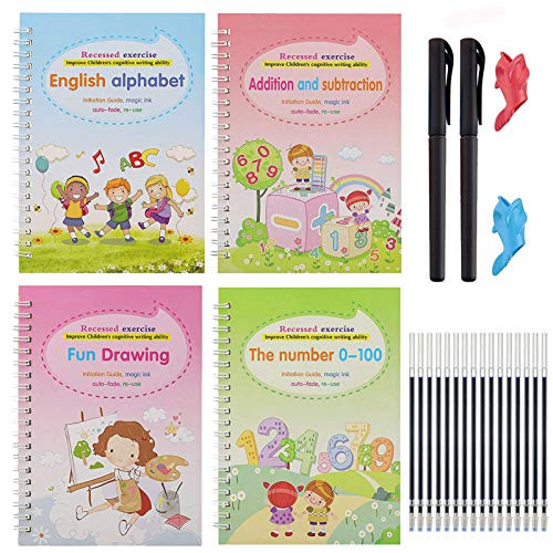 English Magic Practice Copybook 4 English Study Workbooks Magic Calligraphy That Can Be Reused Handwriting Copybook Tracing Book Set for Kid Calligraphic Letter Writing Drawing Mathematics