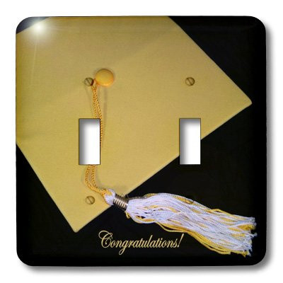 3dRose lsp_24913_2 Yellow Graduation Cap with Yellow and White Tassel Black Background Congratulations Double Toggle Switch
