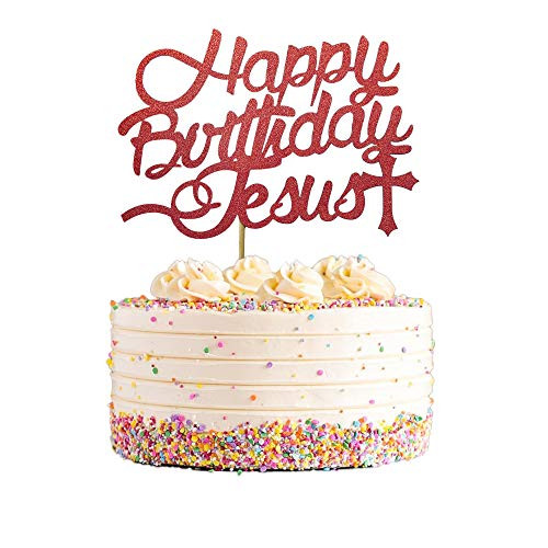 Happy Birthday Jesus Cake Topper Red Glittery Jesus Birthday Cake Decorations Jesus is Reason for the Season for Christmas Jesus Birthday Party Decorations