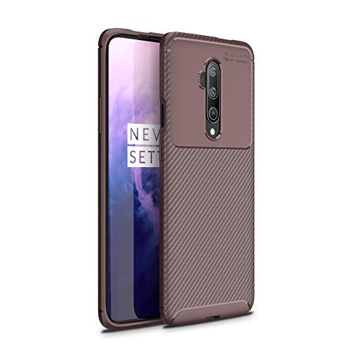 OnePlus 7T Pro Case Silicone LeatherSlim Thin Flexible TPU Protective Case Shock Absorption Carbon Fiber Cover for OnePlus 7T Pro Case Brown