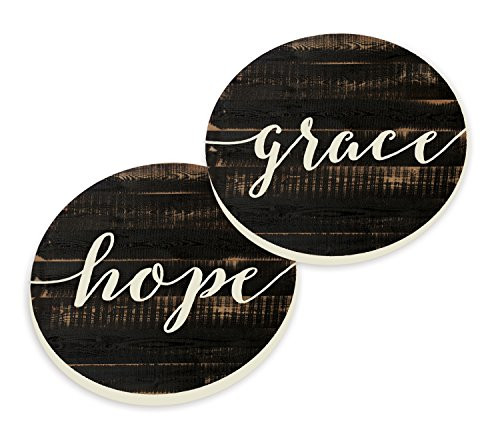 Grace Hope Script Design Wood Look Set of 2 Ceramic Car Coaster Pack