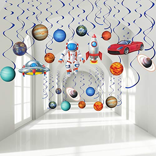Outer Space Party Hanging Swirls Decorations Blue Solar System Planet Party UFO Rocket Astronaut Sign Foil Swirls Ceiling Decoration for Kids Boys Space Birthday Party Decorations Supplies 30 Pieces