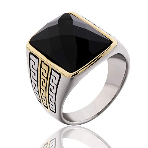 MASOP Mens Vintage Stainless Steel Statement Ring Celtic Big Black Stone Band Size 10