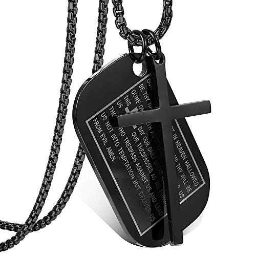 Cupimatch Black Mens English Bible Dog Tags Cross Prayer Pendant Necklaces Stainless Steel Jesus Verse Lords Catholic Necklace Chain 24