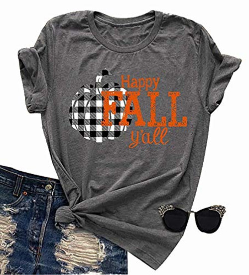 Happy Fall Yall Thanksgiving T-Shirt Women Letter Print Pumpkin Short Sleeve Tee Tops Size XL Gray