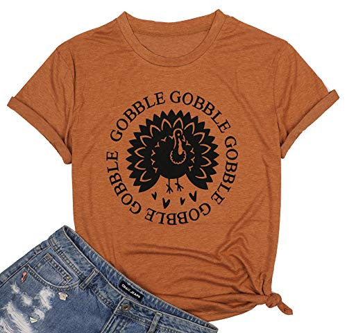Women Gobble Gobble Thanksgiving Shirt Funny Turkey Graphic T-Shirt Letter Print Short Sleeve Casual Holiday Tee Tops Brown