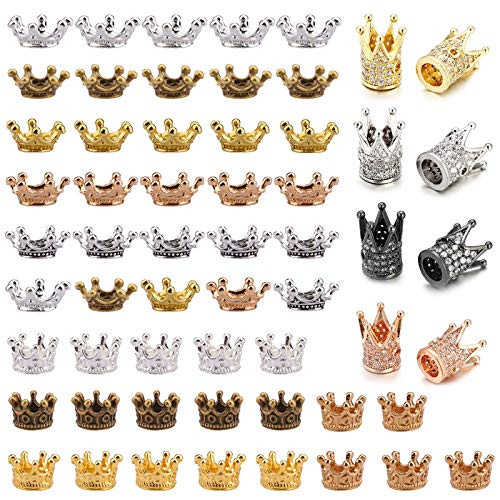 58pcs King Crown Charm Spacer Beads King Crown Beads Mixed Color Brass Micro Pave Clear CZ Loose Beads for Bracelet Jewelry Making