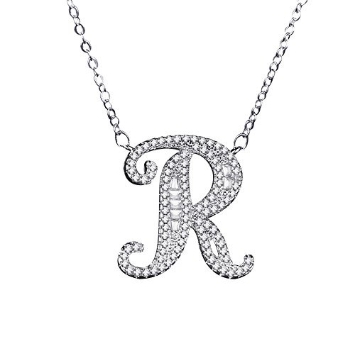 Uloveido Initial R Letter White Gold Plated Necklace Pendant for Women Girls Kids Mom Friend with Cubic Zirconia Stone CZ Crystals NL025