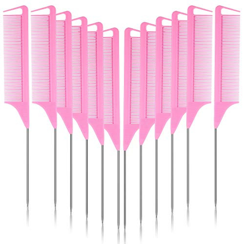 12 Pieces Parting Comb for Braids Rat Tail Comb Pintail Comb Teasing Combs with Stainless Steel Pintail for Hair Styling Hairdressing Pink