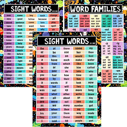 3 Sheets Sight Words and Word Families Posters 14 x 20 Inch Educational Preschool Posters Sight Words Learning Charts and Decorations for Kindergarten Home School