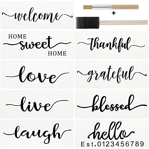 11 Pieces Inspirational Word Paint Stencils Reusable Template Family Sign Stencil Plastic Motivational Saying Word Stencil with Brushes for Painting on Wood Fabric Wall DIY Project