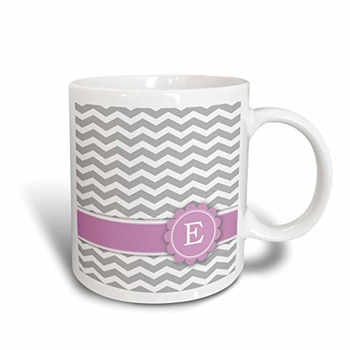 3dRose Letter E monogrammed on grey and white chevron with pink Mug 15 oz