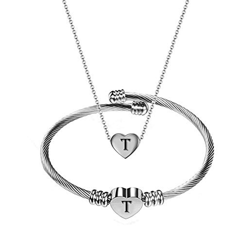 NIBASTAR Heart Inital Jewelry Set Stainless Steel Letter Necklace Bracelet for Women Girls Silver T NIBASTAR Heart Inital Jewelry Set Stainless Steel Letter Necklace Bracelet for Women Girls Silver T