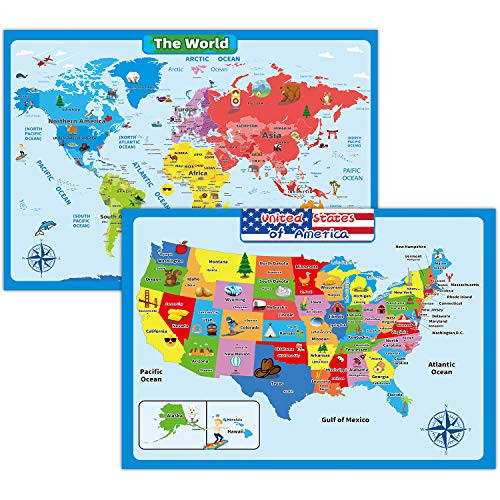 World Map  and  United States Map Poster for Kids Wall- 2 Pack 17_3x24 Inch Educational Posters for Classroom Decorations Children Learning USA  and  The World Map Chart