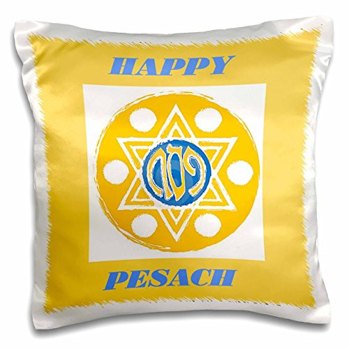 3dRose pc-37302-1 Gold and Blue Pesach with Star-Pillow Case 16 by 16White