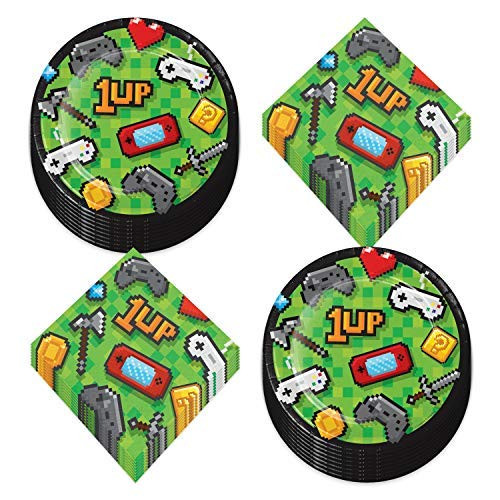 Video Game Party Supplies - Pixelated Gaming Paper Dessert Plates and Beverage Napkins Serves 16