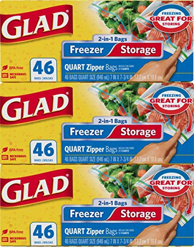 Glad Zipper Food Storage and Freezer 2 in 1 Plastic Bags - Quart - 46 Count Pack of 3 Package May Vary