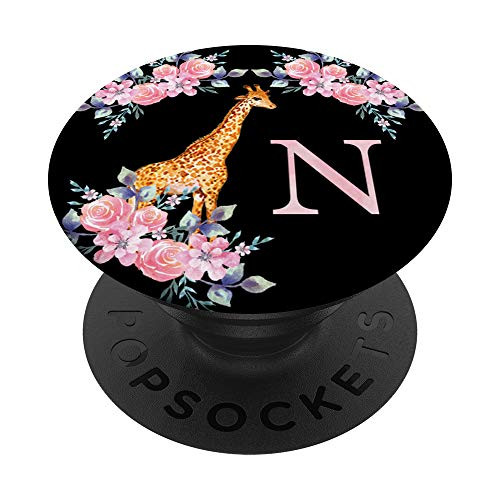 Giraffe Rose Pink Watercolor Monogram N Initial Letter PopSockets PopGrip Swappable Grip for Phones  and  Tablets