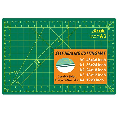 ArtAt Self Healing Cutting Mat 12?x 18? Green Double Sided Non-Slip 5 Layers PVC Durable Craft Sewing A3 Mat for Rotary Cutter Use for Quilting and Scrapbooking and Craft  and  Art Projects