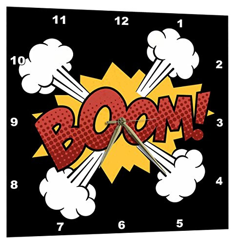 3dRose Boom Red Lettering with Smoke on Yellow and Black Background - Wall Clock, 13 by 13-Inch (DPP_201971_2)