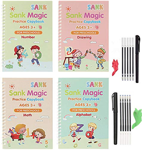 Sank Magic Practice Copybook - English Magic Practice Copybook - Magic Calligraphy Reusable Handwriting Copybook -Reusable Writing Practice Book Set?Four Books with Pen and Pencil Grip?