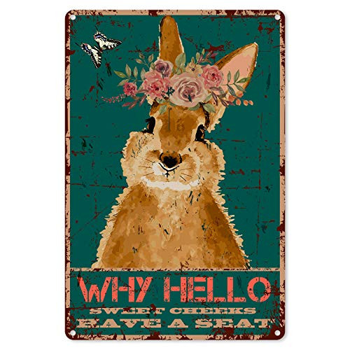 Funny Bathroom Quote Metal Tin Sign Wall Decor - Vintage Why Hello Sweet Cheeks Have A Seat Rabbit Tin Sign for OfficeHomeClassroom Bathroom Decor Gifts - Best Farmhouse Decor Gift - 8x12 Inch