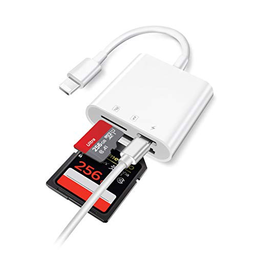 Plusysee SD Card Reader for iPhone iPad Trail Game Camera Viewer with Charging Port Micro SD TF Memory Card Reader Adapter No App Required Plug and Play