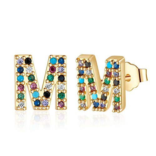 Letter Initial Stud Earrings for Girls S925 Sterling Silver Post Gold Plated Letter M Earrings Stud Colored Cubic Zirconia Hypoallergenic Earrings for Sensitive Ears Gift Jewelry for Women Girls