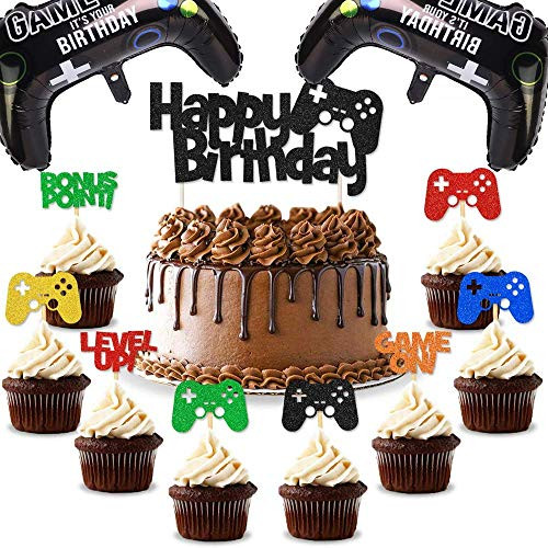 27PCS Video Game Cake Topper Game Themed Cupcake Toppers Video Game Foil Balloon Party Supplies Perfect for Birthday PartyGame Themed Party Decoration