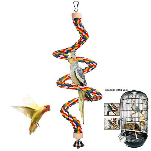 iLeson Bird Rope Perches Stand Ladder Toys for Parrots Parakeets Cockatiels Conures Macaw Budgies Swing Lovebird Cage Comfy Bird Spiral Bungee Rope Perch with Bell