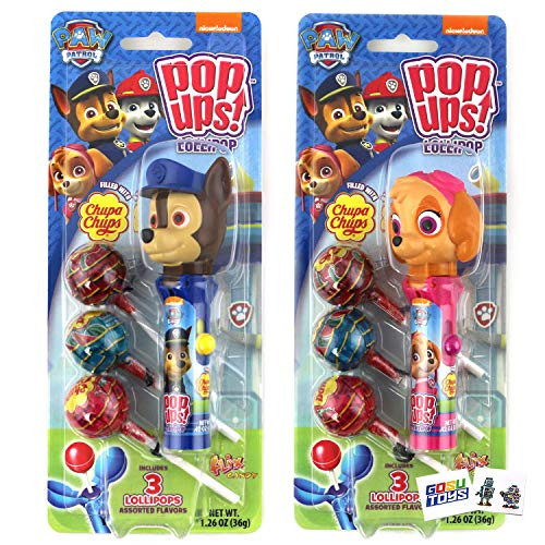 Paw Patrol Pop Ups Lollipop Case Holder Chase Rubble Skye or Marshall with Chupa Chups Lollipops and 2 Gosu Toys Stickers 2 Pack Assorted Characters