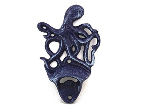 Hampton Nautical K-9116-solid-dark-blue Rustic Dark Blue Cast Iron Wall Mounted Octopus Bottle Opener 6" - Vintage Cast Iron Decor - Sea Life
