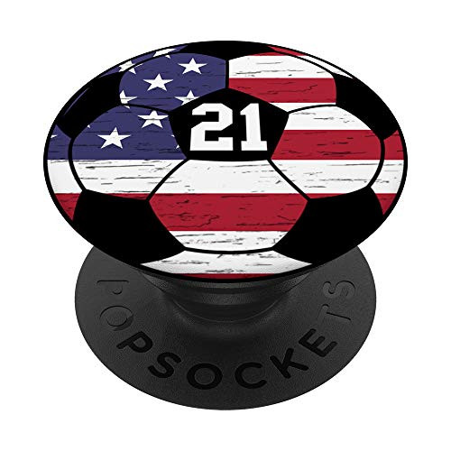 Soccer Number 21 Ball USA Flag Gift for Soccer Player PopSockets PopGrip Swappable Grip for Phones  and  Tablets