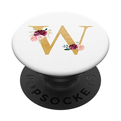 Pink Rose Flowers Monogram Floral Initial Letter W On White PopSockets PopGrip Swappable Grip for Phones  and  Tablets