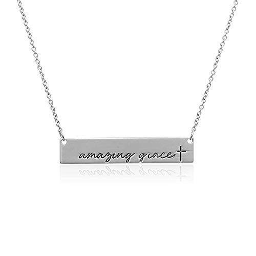 Simple Message Horizontal Bar Pendant Necklace - Inspirational Christian Religious Engraved Plate Delicate Chain Amazing Grace Believe Hope Faith Blessed Amazing Grace - Silver