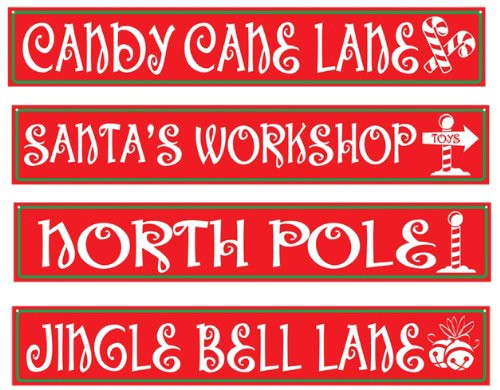 Beistle 4-Pack North Pole Street Sign Cutouts, 4-Inch by 24-Inch