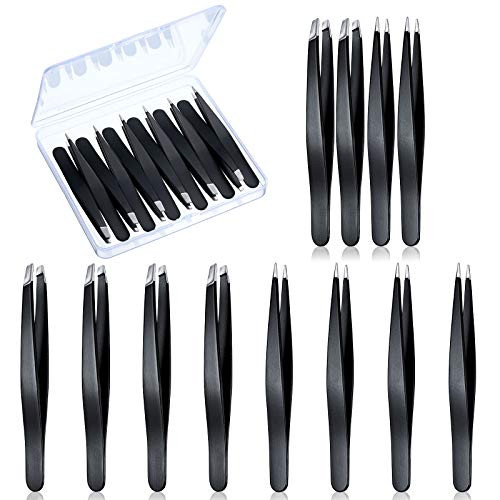 12 Pieces Stainless Steel Precision Tweezers Slant Tip and Pointed Eyebrow Tweezer Set Precision Facial Hair Tweezers Eyebrow Tweezers for Facial Hair Ingrown Hair Splinter and Blackhead Remover