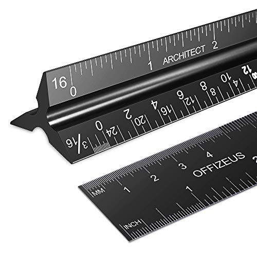 Architectural Scale Ruler Imperial Measurements 12 Black Laser-Etched Aluminum Architect Triangular Ruler with Standard Metal Ruler for Architects Students Draftsman and Engineers