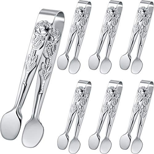 6 Pieces Rose Handle Sugar Tong Stainless Steel Mini Sugar Tong Cube Tongs Non-slip Appetizers Candy Serving Tongs for Coffee Tea Sugar Ice Cube Appetizer Kitchen Serving Silver