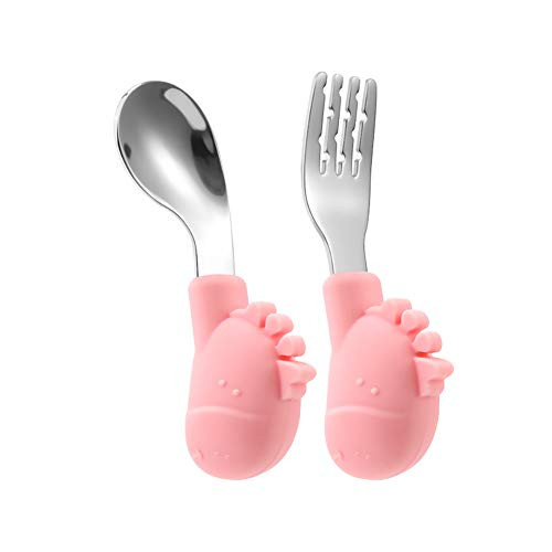 Toddler Utensils Cutlery Set- Stainless Steel Baby Fork and Spoon Silverware Set Self Feeding Flatware Set with Travel Carrying Cases BPA Free Pink