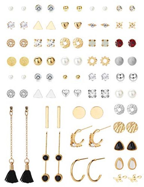 Sailimue 41 Pairs Assorted Multiple Stud Earrings for Women Simple Cute Small Ball Leaf CZ Ball Faux Pearl Hoop Dangle Earrings Set Birthday Party Gift